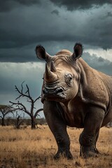 Fototapeta premium A rare black rhino standing in a dry savanna, with a dramatic, stormy sky overhead and a sense of looming danger. Generative AI