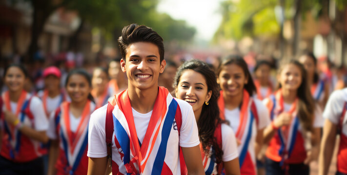 Boy smiles brightly with classmates in a joyous parade celebrating Paraguay an culture, showcasing youth, togetherness, and vibrant traditional clothing. Youth day Paraguay. Banner