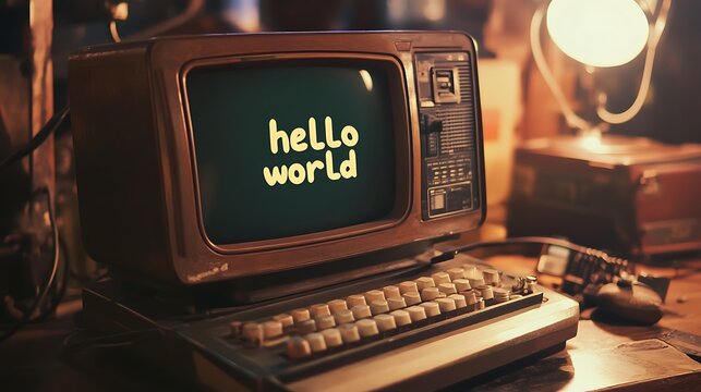 old computer on desk "hello world" on screen