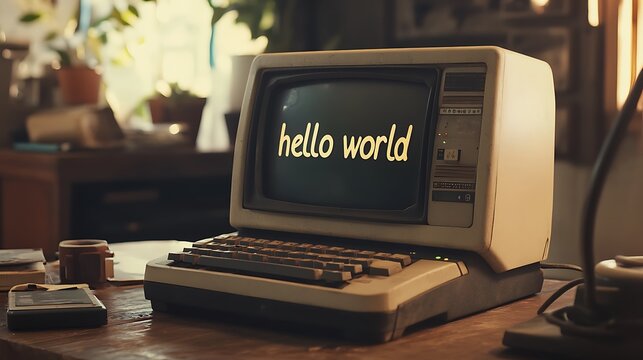 old computer on desk "hello world" on screen