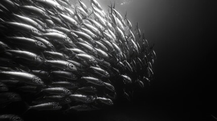 A school of sardines swimming in a tight formation, their silver bodies flashing in the light as they move together.