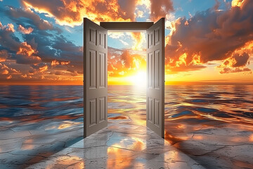 A door opens to a radiant sunset over the ocean symbolizing hope spirituality and the promise of a divine afterlife.