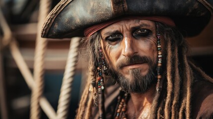 A weathered pirate with a serious demeanor, wearing a tricorn hat and beads in his dreadlocks, stands onboard a wooden ship. The image evokes a sense of adventure and history.