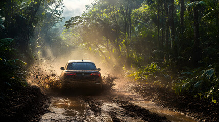 A car splashing through a muddy trail in a dense jungle, with mud flying and trees towering above.


