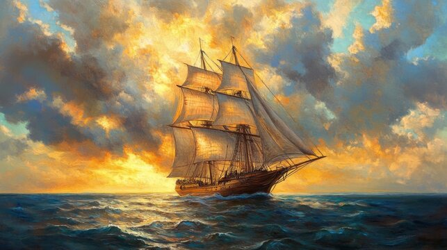 A large sailing ship navigates the expansive ocean waters during sunset, with dramatic clouds lighting up the sky in warm, golden hues creating a serene atmosphere.