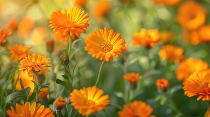 Calendula floral backdrop with bright orange flowers and space for text viewing horizontally