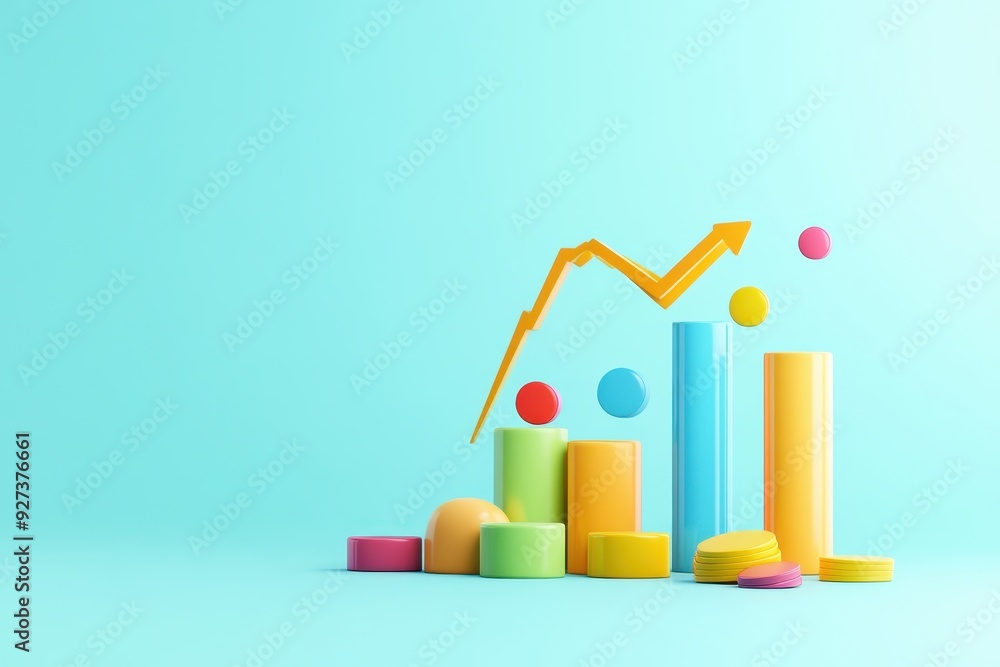 Poster Colorful bar graph with dots on turquoise background, illustrating data trends and analysis, perfect for business and marketing visuals.