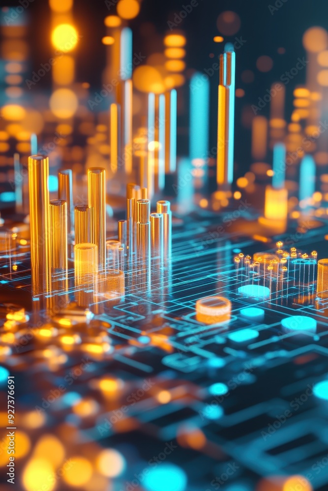 Poster colorful abstract data visualization with glowing lines and bar charts on a digital circuit board ba