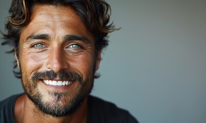 Fototapeta premium A close-up portrait of a handsome man with a strong jawline, smiling with clean teeth, used for dental advertising.