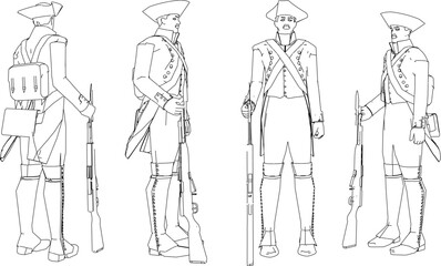 Vector sketch illustration of the design of soldiers in royal era uniforms lining up to prepare for war holding rifles