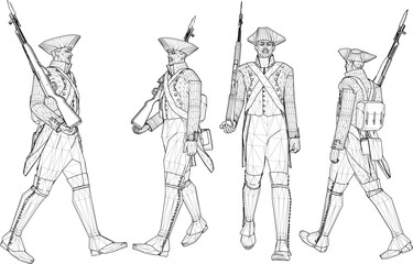 Vector sketch illustration of the design of soldiers in royal era uniforms lining up to prepare for war holding rifles