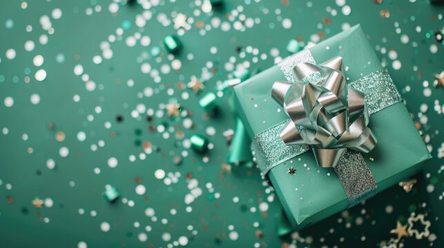 Celebratory arrangement featuring a gift box with a silver bow on a green background with confetti Ideal for holiday themes and special occasions Suitable for invitations