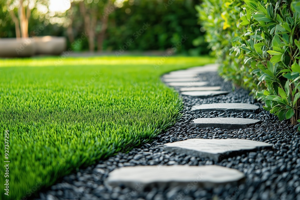 Wall mural charming close-up of a lush garden lawn with stepping stones beside manicured shrubs at midday