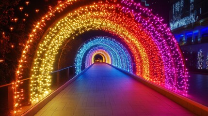 The image shows a stunning, colorful tunnel of lights that creates a mesmerizing and magical pathway, illustrating the beauty and wonder of artistic light installations.