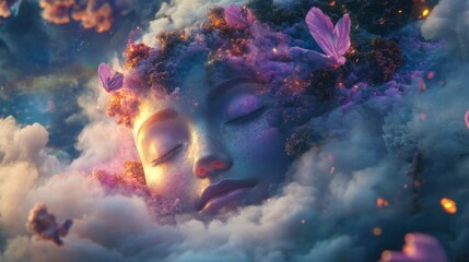Fototapeta premium An imaginative and vibrant scene depicting purple flowers amidst colorful clouds and stardust, evoking a sense of magic and fantasy within an otherworldly sky.