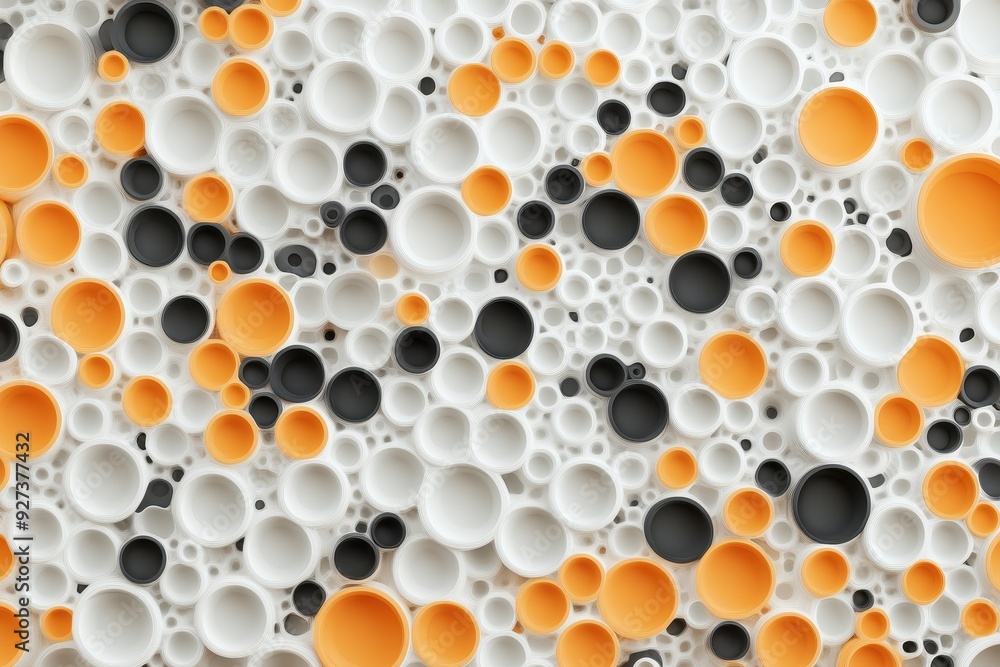 Aufkleber Abstract background featuring an array of black, orange, and white bubbles in various sizes creating a visually striking and modern pattern.