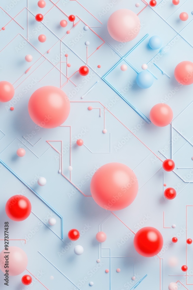 Fototapete Abstract ing with colorful spheres on a light blue circuit background. Geometric shapes create a dynamic modern digital design.