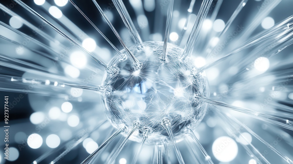 Poster Abstract background with a glowing sphere and radiant light beams, creating a futuristic and dynamic visual effect in cool blue tones.
