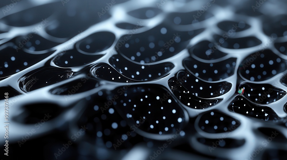 Poster abstract black and white metal grid with intricate patterns and light reflections, showcasing modern
