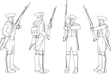 Vector sketch illustration design of soldiers in royal uniforms preparing for war holding rifles