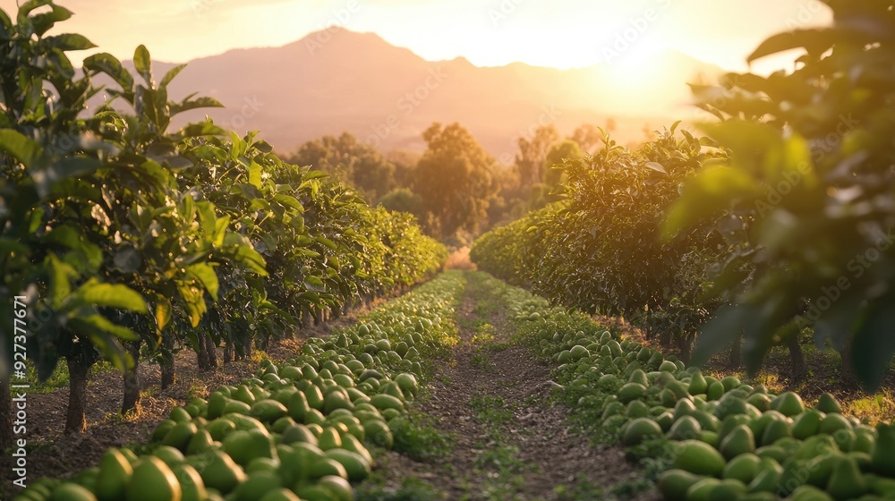 Sticker A serene avocado orchard with trees full of avocados, with scattered fruits on the ground and distant mountains illuminated by the setting sun.