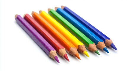 Fototapeta premium This image showcases eight colored pencils neatly arranged in the order of the rainbow, displaying vibrant reds, oranges, yellows, greens, blues, and purples on a white backdrop.
