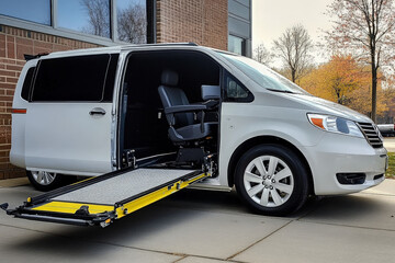 wheelchair accessible minivan is parked outside with the ramp extended and the side door open.