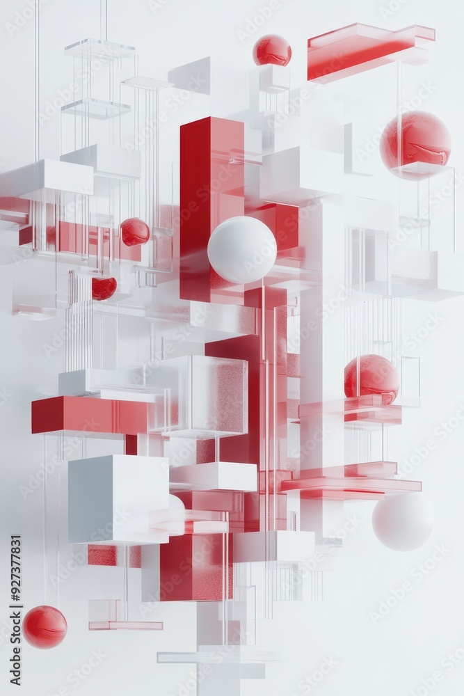 Poster Abstract geometric composition with red and white shapes. Modern design suitable for backgrounds, prints, and digital art projects.