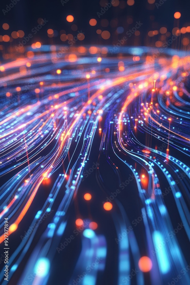 Aufkleber Abstract image with glowing neon lines and particles representing a futuristic digital network and data flow concept.