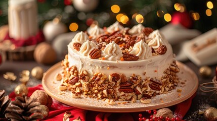Naklejka premium Cake with nuts on a red background for New Year celebration