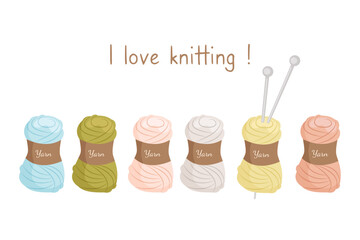 Knitting kit. Set of six multicolored skeins of yarn, spokes. Handmade and hobby concept. Illustration for design of business cards, flyers, websites, banners, knitting studio. Vector.