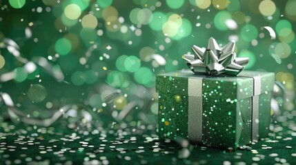 Celebratory arrangement featuring a gift box with a silver bow on a green background with confetti Ideal for holiday themes and special occasions Suitable for invitations