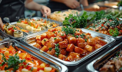 Obraz premium A group of people enjoying a catering buffet with grilled meat, perfect for festive events or weddings.