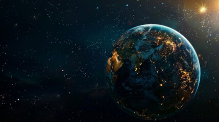 Obraz premium A stunning night-time view of Earth from space, showcasing the glowing city lights that illuminate the continents, capturing the beauty and interconnectedness of our world.