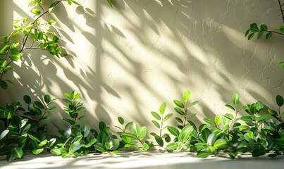 Naklejka premium A minimalistic abstract background in gentle beige tones, with intricate shadows from a window and vegetation.