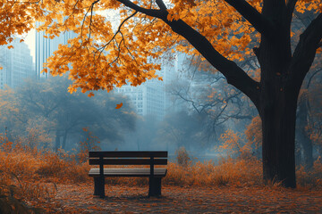 Bench with autumn in city park beautiful empty morning scenery