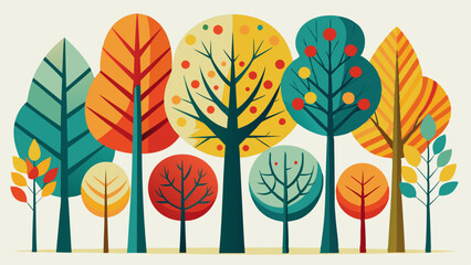 Six stylized trees feature simplistic designs, varying leaf shapes, colors. Graphic minimalist trees display shades yellow, orange, red, teal against plain backdrop. Modern, abstract 