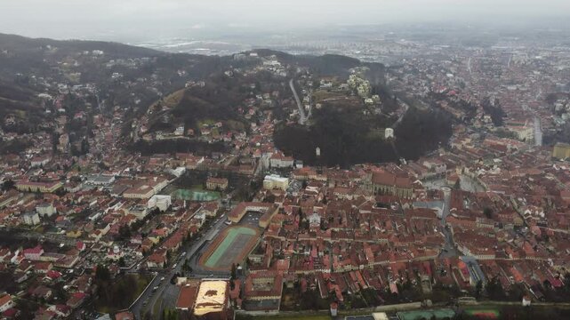 High angle view of Brasov City during foggy weather, Brasov, Romania