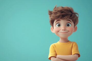 Portrait happy boy on solid background, funny facial expression, 3d style cartoon character