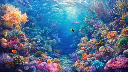 A vibrant coral reef teeming with life, including colorful fish, sea anemones, and sponges, creating an underwater paradise.