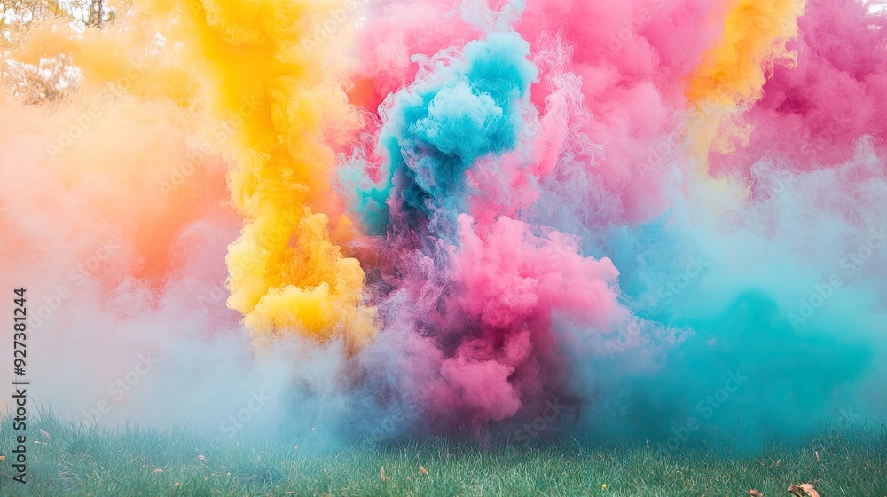 Poster a vibrant smoke bomb exploding in bright colors, creating a cloud of smoke in a dynamic and visually