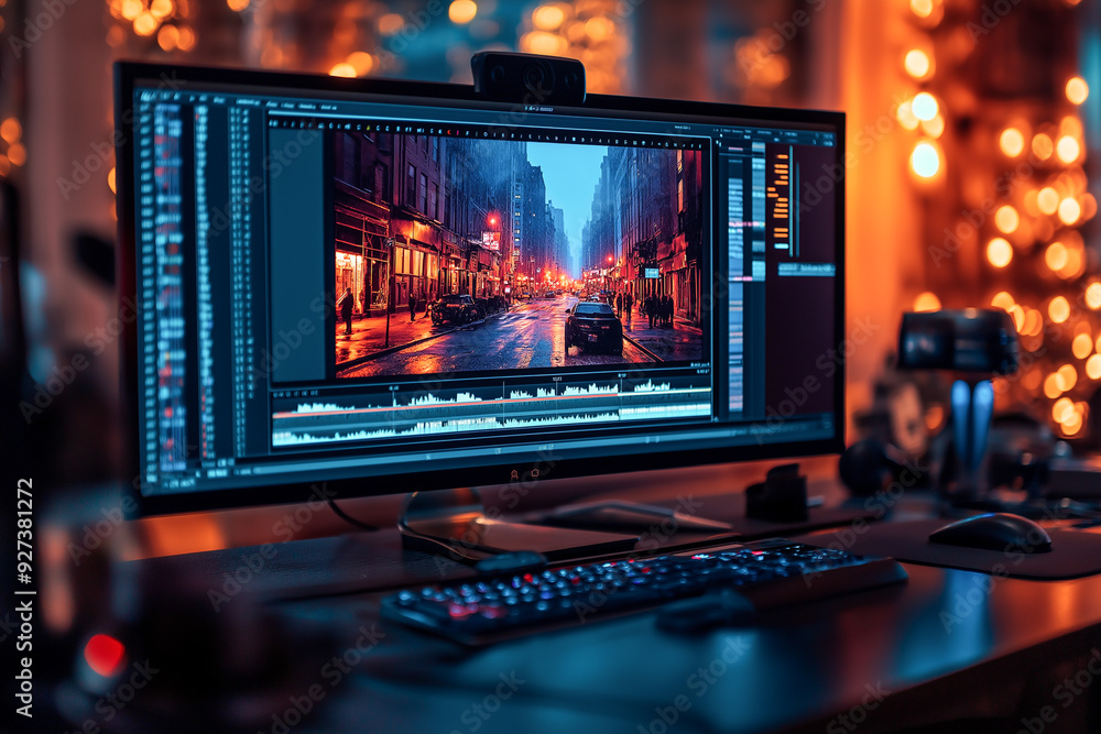 Poster video editing production studio work space computer monitor display for content creation