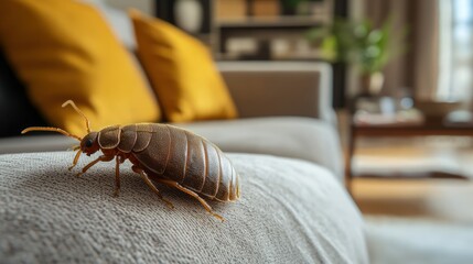 A Bed Bug Crawling on a Couch in a Living Room