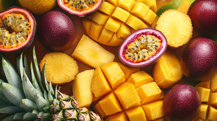 A refined, high-end presentation of mango, passion fruit and pineapple, covering the entire image with just a few white spaces. Mango in orange, passion fruit in purple and pineapple in yellow. 