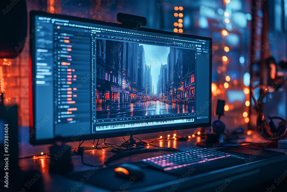 Poster video editing production studio work space computer monitor display for content creation