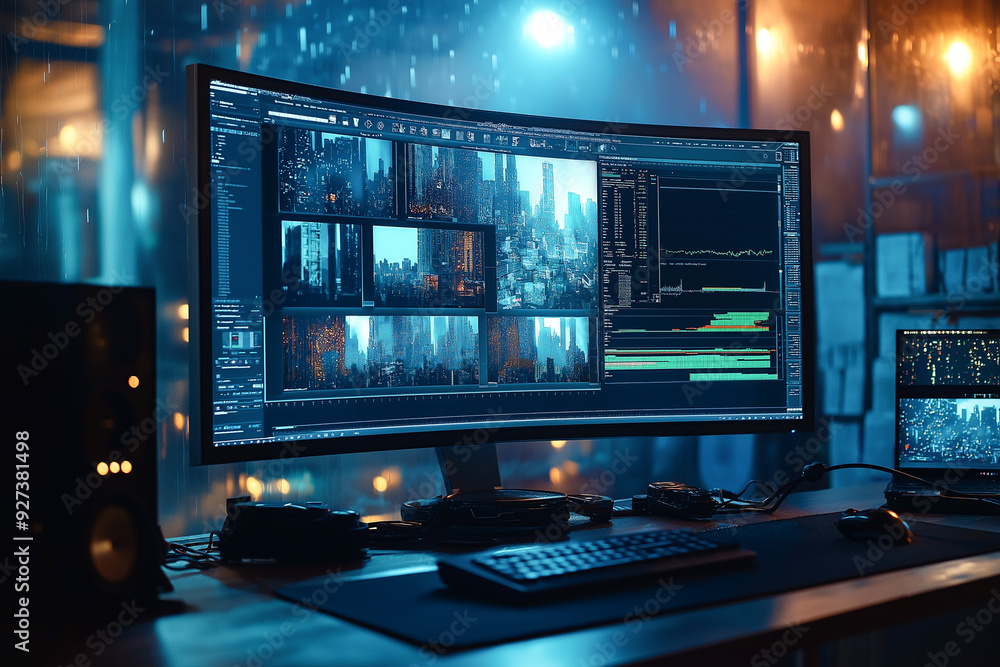 Poster video editing production studio work space computer monitor display for content creation