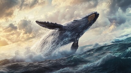 Fototapeta premium A whale breaching the surface of the ocean, its massive body creating a powerful splash against the backdrop of the open sea.