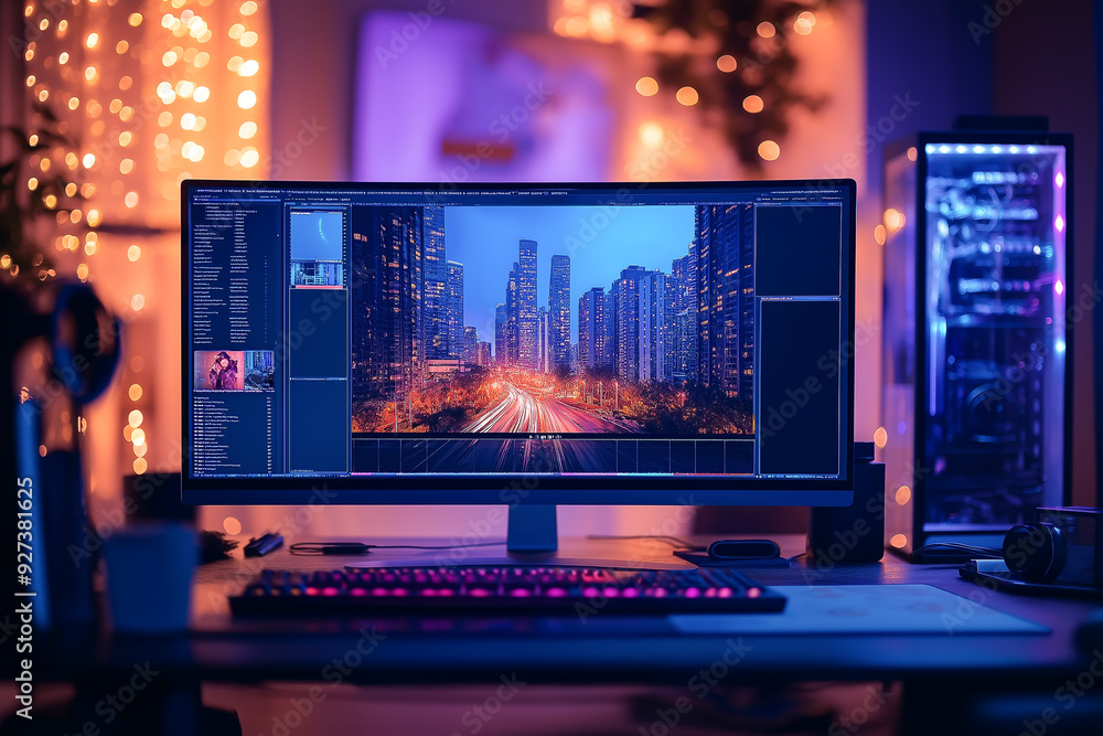 Poster video editing production studio work space computer monitor display for content creation