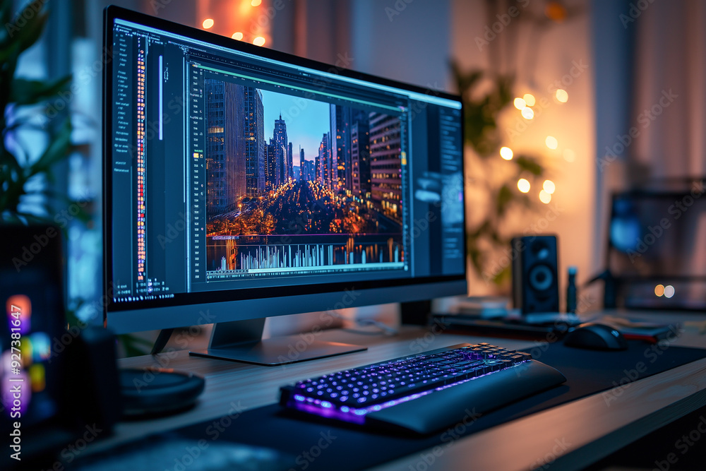 Poster video editing production studio work space computer monitor display for content creation