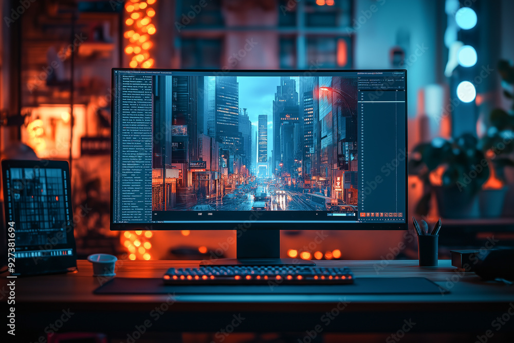 Poster video editing production studio work space computer monitor display for content creation